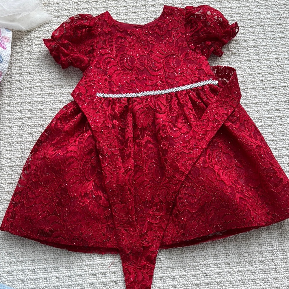 Elegant Red Lace Dress with Pearl Detail